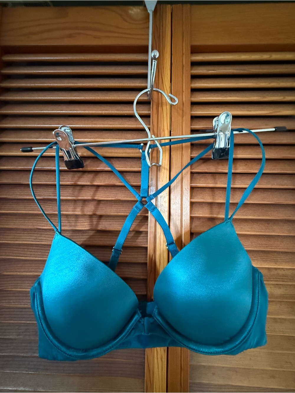 Victoria's Secret Teal Satin Push-Up Bra with Crisscross Straps